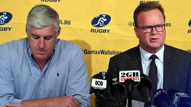 ARU chairman Cameron Clyne (left) and CEO Bill Pulver announce the Western Force’s axing on Friday.