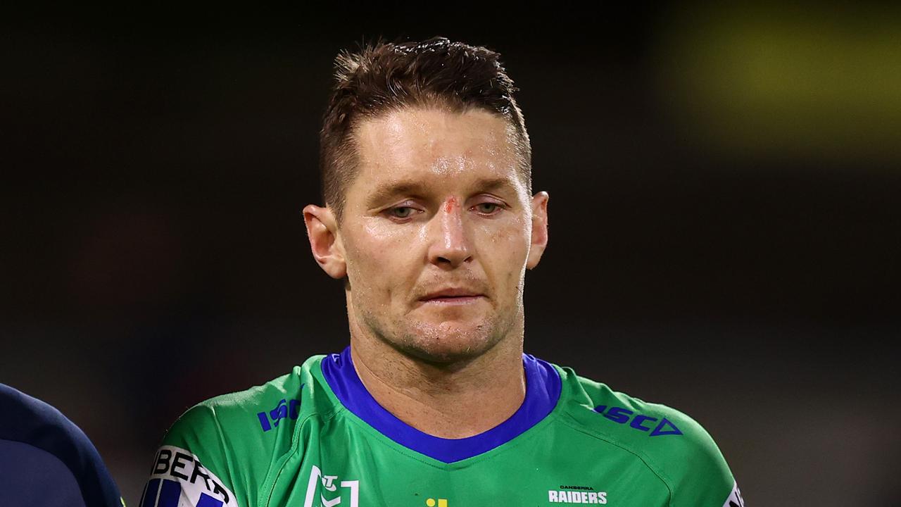 CANBERRA, AUSTRALIA - MAY 06: Jarrod Croker of the Raiders is taken from the field with an injury during the round nine NRL match between the Canberra Raiders and the Canterbury Bulldogs at GIO Stadium, on May 06, 2022, in Canberra, Australia. (Photo by Mark Nolan/Getty Images)