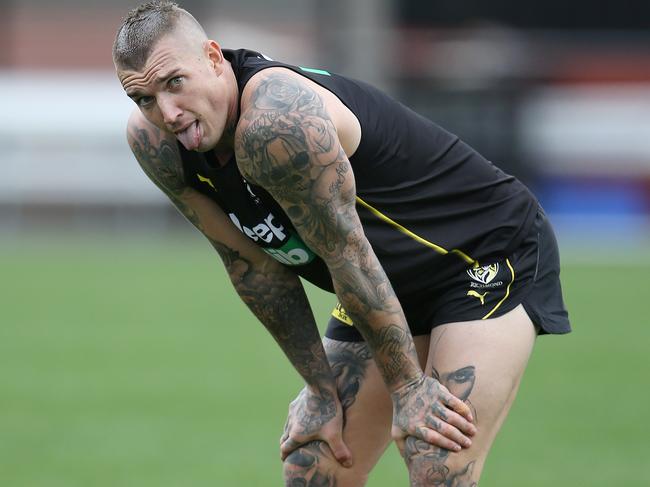 Dustin Martin feels the pinch after a running drill. Picture: Michael Klein