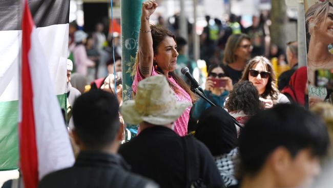 Senator Lidia Thorpe addresses the crowd at a pro Palestinian rally in Melbourne. Picture: Tony Gough