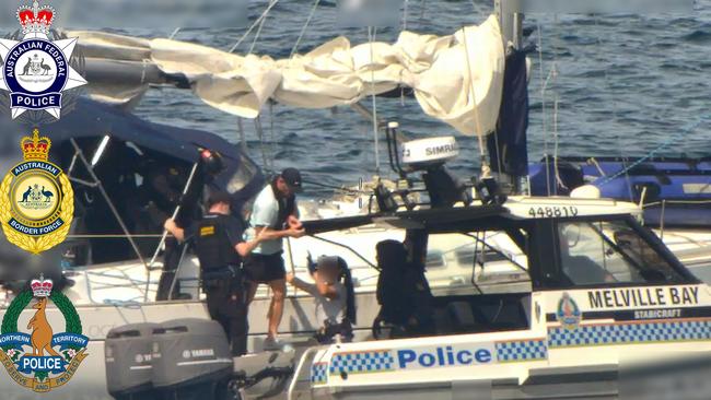 Authorities arrest fugitive Hussein Chamas and two other people aboard a yacht in the Arafura Sea, off the NT coast, on January 26, 2025. Picture: AFP