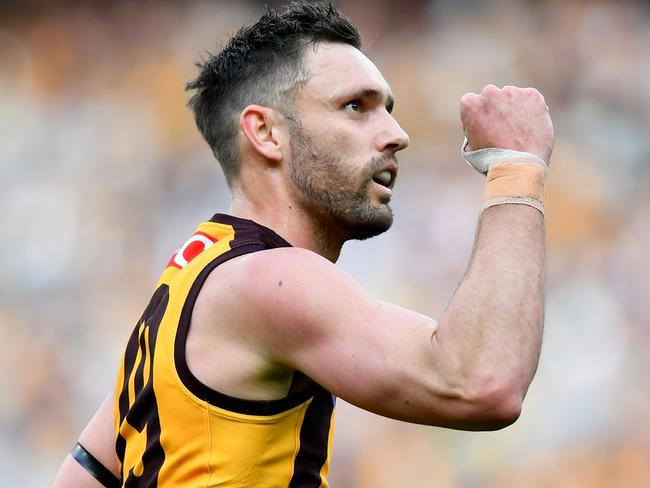 MELBOURNE, AUSTRALIA - AUGUST 18: Jack Gunston of the Hawks celebrates kicking a goal during the round 23 AFL match between Hawthorn Hawks and Richmond Tigers at Melbourne Cricket Ground, on August 18, 2024, in Melbourne, Australia. (Photo by Josh Chadwick/AFL Photos/via Getty Images)