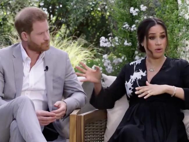 Harry and Meghan drop “truth bombs” in an explosive Oprah Winfrey TV interview. Picture: CBS