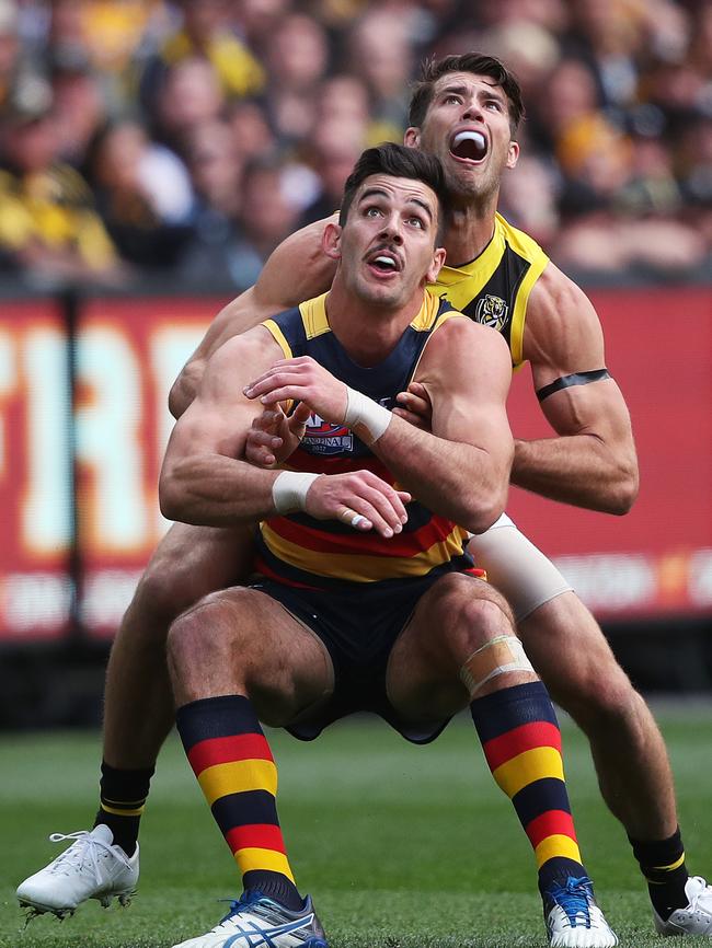 Adelaide's Taylor Walker tussles with Richmond's Alex Rance during last year’s grand final at the MCG. Picture: Phil Hillyard