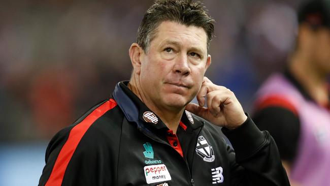 MELBOURNE, AUSTRALIA – MAY 22: Brett Ratten, Senior Coach of the Saints looks on during the 2021 AFL Round 10 match between the Western Bulldogs and the St Kilda Saints at Marvel Stadium on May 22, 2021 in Melbourne, Australia. (Photo by Michael Willson/AFL Photos via Getty Images)