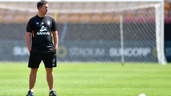Brisbane Roar coach Robbie Fowler oversees training at Suncorp Stadium in preparation for his side’s first home game of the season, against Melbourne Victory on Friday. Picture: AAP