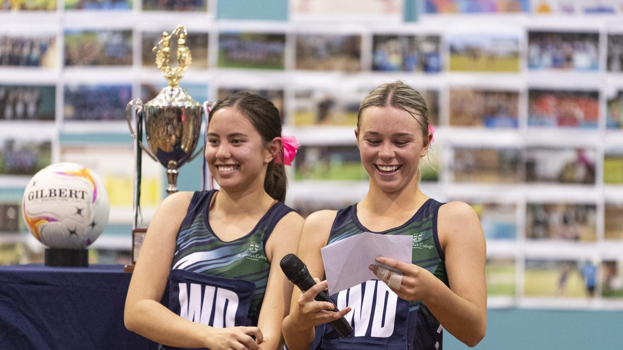 St Ursula's Senior A captains Aaliyah Selby (left) and Haylee Doherty speaking after defeating Downlands First VII in Merici-Chevalier Cup netball at Salo Centre, Friday, July 19, 2024. Picture: Kevin Farmer