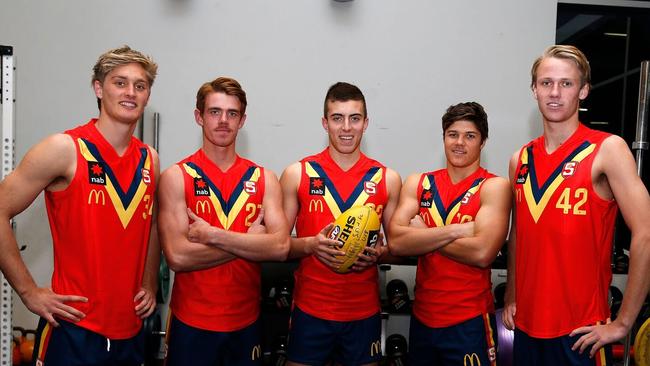 South Australia’s leadership group at the national under-18 championships, Jackson Hately (Central District), Jack Lukosius (Woodville-West Torrens), captain Luke Valente (Norwood), Jez McLennan (Central District), Tom Lewis (Sturt). Picture: Deb Curtis