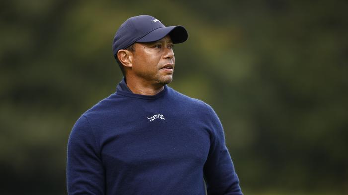 PACIFIC PALISADES, CALIFORNIA - FEBRUARY 16: Tiger Woods of the United States reacts to his shot from the sixth tee during the second round of The Genesis Invitational at Riviera Country Club on February 16, 2024 in Pacific Palisades, California. (Photo by Ronald Martinez/Getty Images)