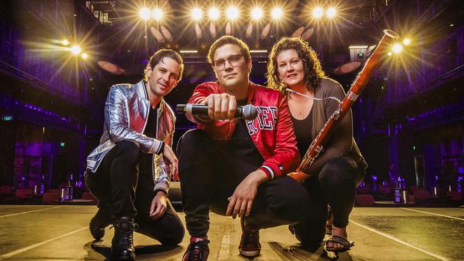 Queensland Symphony Orchestra conductor Gordon Hamilton, beatboxer Tom Thum and bassoon player Claire Ramuscak at the Brisbane Powerhouse. Picture: Glenn Hunt