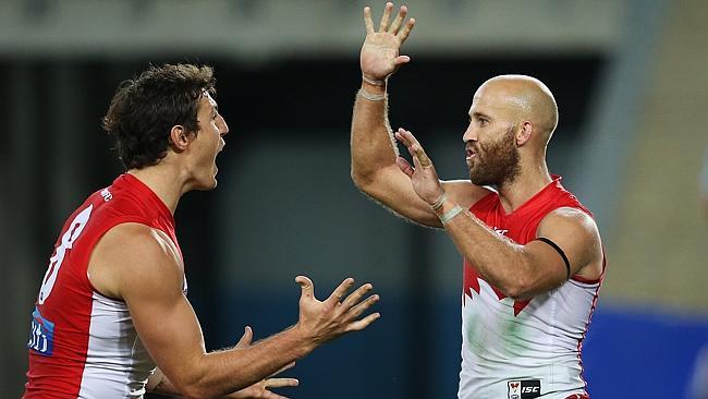 Swans Kurt Tippett and Jarrad McVeigh celebrate a goal. Picture: Phil Hillyard