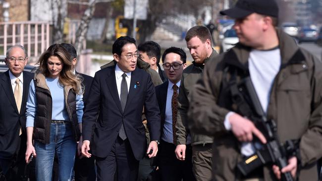 Fumio Kishida visits a mass grave site in Bucha on Tuesday. Picture: AFP