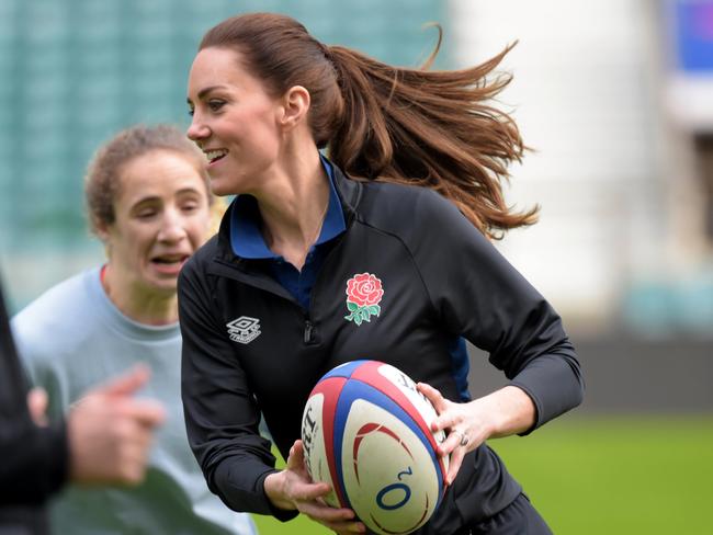 Catherine, Duchess of Cambridge takes part in an England rugby training session, after becoming Patron of the Rugby Football Union at Twickenham Stadium. Picture: Getty