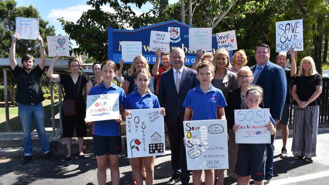 Lismore MP Janelle Saffin, Richmond MP Justine Elliot, councillor Reece Byrnes, opposition leader Anthony Albanese, students and community stakeholders outside Murwillumbah East Public School last November protesting the State Government's plan for the schools. Photo: Jessica Lamb