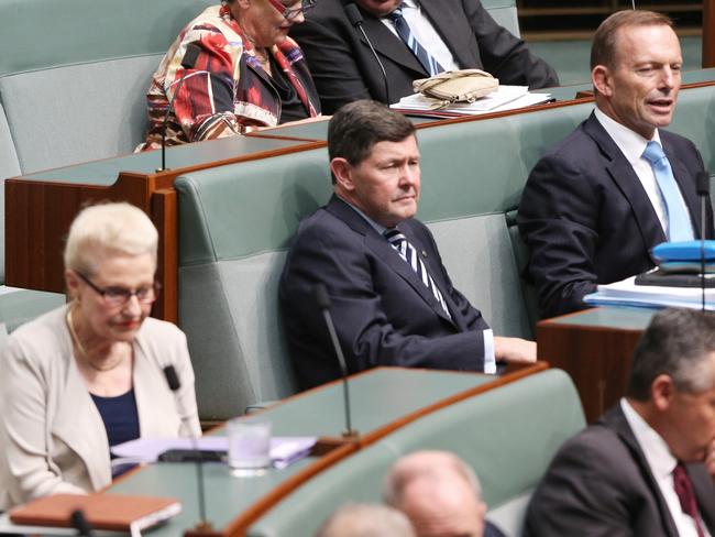 And not so happier times. Bronwyn Bishop and Tony Abbot on the backbench in the House of Representatives. Picture: Gary Ramage