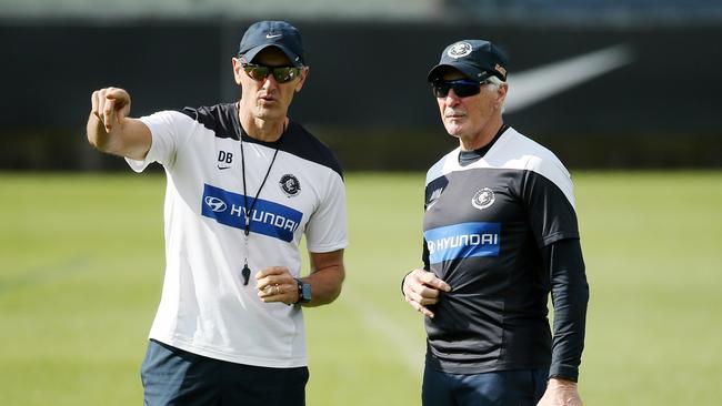 Carlton coach Mick Malthouse (right) at training with David Buttifant in 2015. Picture: Colleen Petch