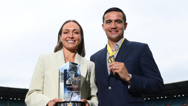 Kyah Simon poses with the Don Award next to Tim Cahill earlier this month. Picture: Quinn Rooney/Getty Images