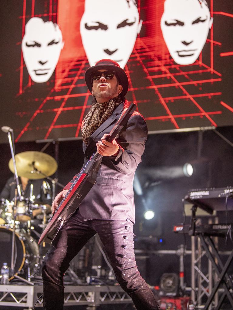 Matty Ray from Pseudo Echo plays keytar at the Toowoomba Carnival of Flowers Festival of Food and Wine. Saturday, September 10, 2022. Picture: Nev Madsen.
