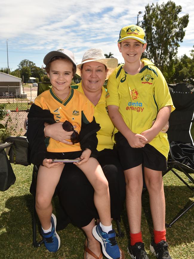 Game three of Dettol ODI series between Australia and Zimbabwe at Riverway Stadium. Renee Crossley with Billy, 6, and Harry, 10. Picture: Evan Morgan