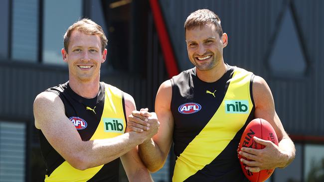 Dylan Grimes and Toby Nankervis have replaced Trent Cotchin as joint captains. Picture: Michael Klein