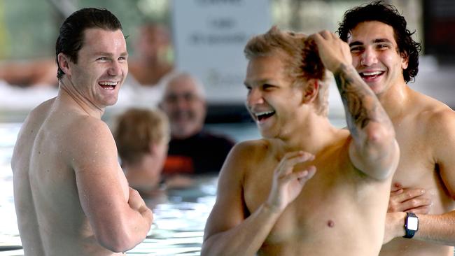 Patrick Dangerfield, Quinton Narkle and Nakia Cockatoo preparing for the Round 18 clash with the Hawks. Picture: Glenn Ferguson