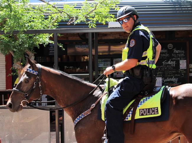 Police patrol the Todd Mall on horseback as part of Operation Drina, targeting anti-social behaviour and associated crime in Alice Springs. November 29, 2022. Picture: Jason Walls