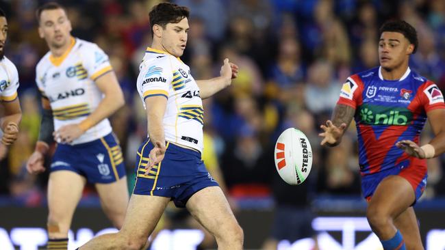 NEWCASTLE, AUSTRALIA - JUNE 29: Mitchell Moses of the Eels kicks the ball during the round 17 NRL match between Newcastle Knights and Parramatta Eels at McDonald Jones Stadium, on June 29, 2024, in Newcastle, Australia. (Photo by Scott Gardiner/Getty Images)