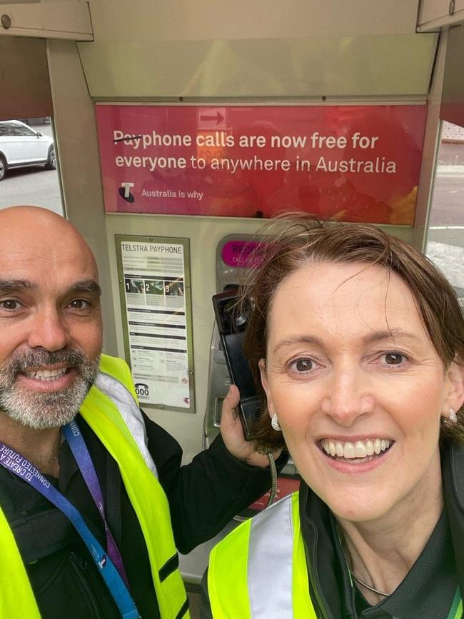 Vicki Brady with Angelo, a Telstra worker since 1988, repairing a payphone in Sydney. Picture: LinkedIn