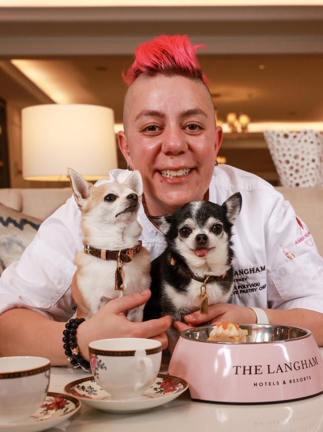 Chef Anna Polyviou, with Bruiser and Tequila, during Doggy Afternoon Tea, at The Langham, Millers Point, Sydney, today. Picture: Justin Lloyd.