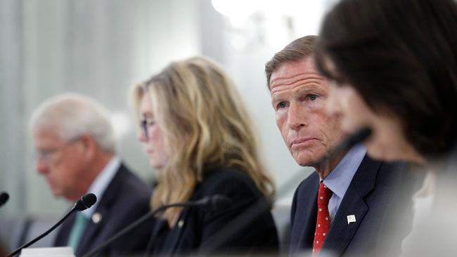 US senators including Richard Blumenthal grilled Facebook’s Antigone Davis, who testified remotely. Picture: AFP