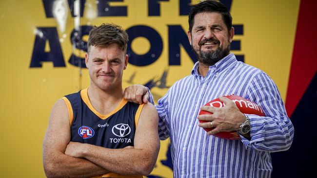 Crows draftee James Rowe, with his dad and former Crows champion Stephen Rowe, will make his debut. Picture: Mike Burton