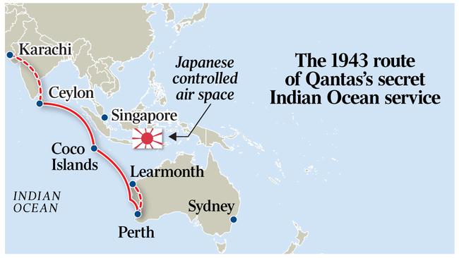 The 1943 route of Qantas's secret Indian Ocean service.