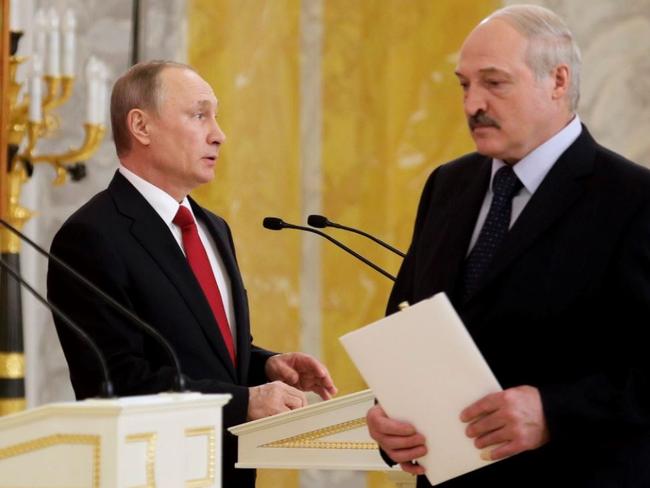 Russian President Vladimir Putin, left, and Belarus' President Alexander Lukashenko at a press conference over an energy dispute between the two ex-Soviet neighbours and allies earlier this year. Picture: AP