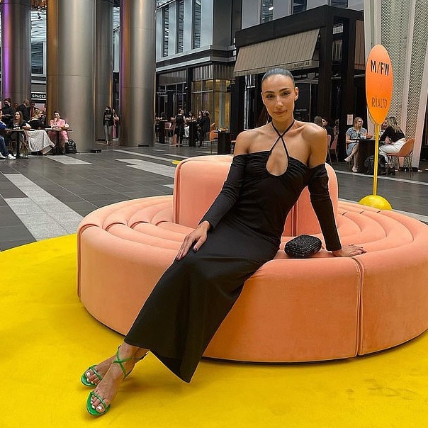 Tayla Damir ‘stunned’ at Melbourne Fashion Week in a black cut-out dress that featured a hint of cleavage. Picture: Instagram/tayla.damir