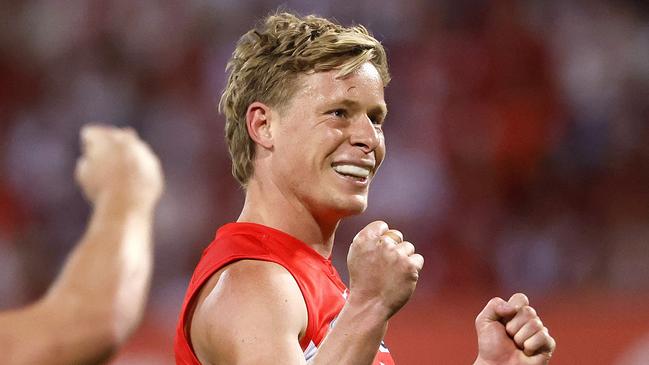 Isaac Heeney  celebrates a goal during the AFL Preliminary Final match between the Sydney Swans and Port Adelaide Power at the SCG on September 20, 2024. Photo by Phil Hillyard(Image Supplied for Editorial Use only - **NO ON SALES** - Â©Phil Hillyard )