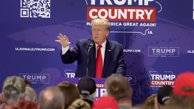 Donald Trump speaks to guests during a ’Commit To Caucus‘ rally in Maquoketa, Iowa, on Wednesday. Picture: Getty Images via AFP