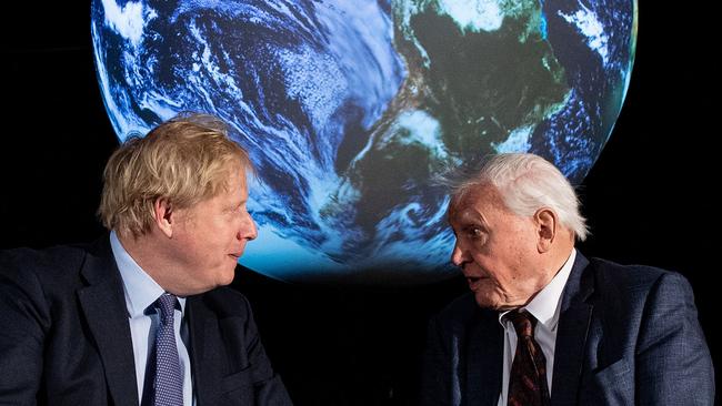 Britain's Prime Minister Boris Johnson sits with David Attenborough during an event to launch the United Nations' Climate Change conference, COP26. Picture: AFP