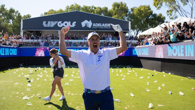 Golfer Chase Koepka celebrates a hole in one during day three of Liv Golf Adelaide last year. Picture: Mark Brake/Getty Images