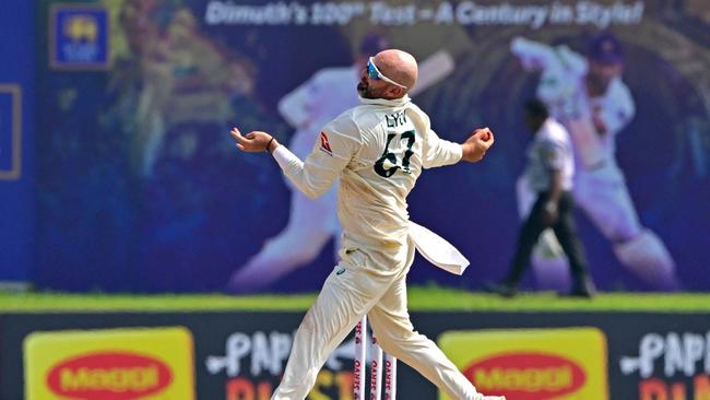 Australia's Nathan Lyon bowls during the first day of the second Test cricket match between Sri Lanka and Australia at the Galle International Cricket Stadium in Galle on February 6, 2025. (Photo by Ishara S. KODIKARA / AFP)