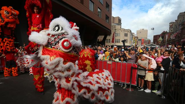 Members of the Chinese Youth League perform a lion dancein Sydney during Lunar New Year celebrations. Picture: Getty Images.