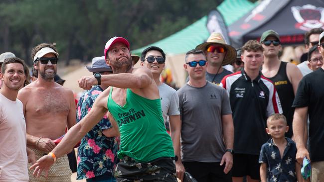 Steve Lower in Men’s Slappa’s Thong Throw at the Darwin Beer Can Regatta at Mindil Beach, 2023. Picture: Pema Tamang Pakhrin