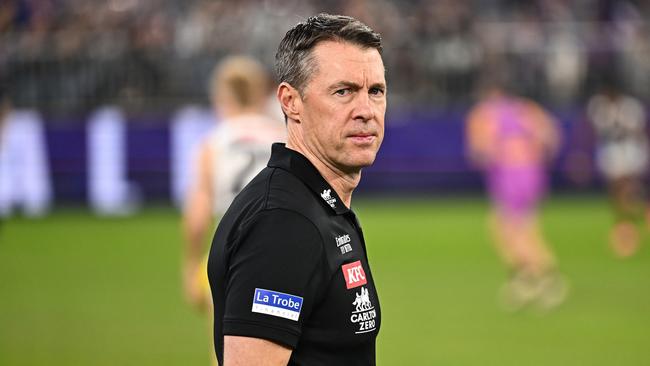 PERTH, AUSTRALIA - MAY 24: Craig McRae, Senior Coach of the Magpies looks on during the 2024 AFL Round 11 match between Walyalup (Fremantle) and the Collingwood Magpies at Optus Stadium on May 24, 2024 in Perth, Australia. (Photo by Daniel Carson/AFL Photos via Getty Images)