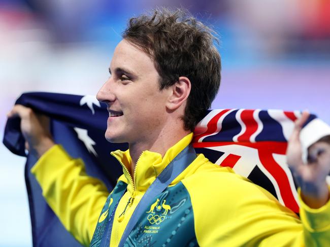 NANTERRE, FRANCE - AUGUST 02: Gold Medalist Cameron McEvoy of Team Australia poses following the Swimming medal ceremony after the Men's 50m Freestyle Final on day seven of the Olympic Games Paris 2024 at Paris La Defense Arena on August 02, 2024 in Nanterre, France. (Photo by Quinn Rooney/Getty Images)