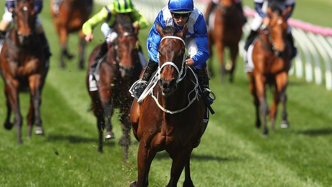 Easy street: Hugh Bowman and Winx blitz their rivals in the Turnbull Stakes. Picture: /Getty Images