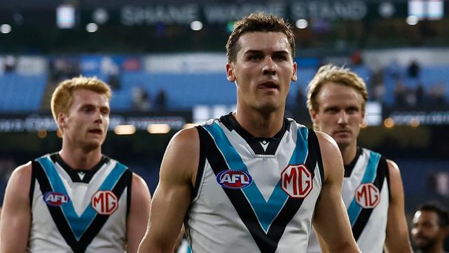 MELBOURNE, AUSTRALIA - MARCH 15: Connor Rozee of the Power looks dejected after a loss during the 2025 AFL Round 01 match between the Collingwood Magpies and the Port Adelaide Power at the Melbourne Cricket Ground on March 15, 2025 in Melbourne, Australia. (Photo by Michael Willson/AFL Photos via Getty Images)