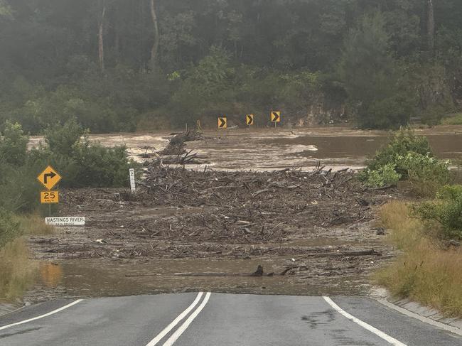 Bain Bridge on the Hastings River near Wauchope under flood water and debris on Tuesday afternoon. Picture: Facebook / Eve Bee