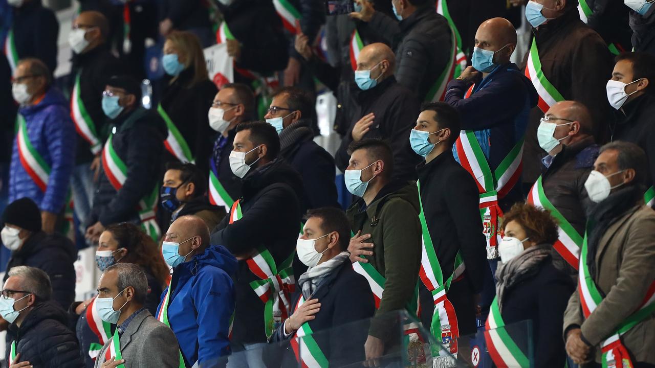 Citizens from Bergamo who helped during the COVID-19 pandemic attend the UEFA Nations League group stage match between Italy and Netherlands in Bergamo, Italy. Picture: Marco Luzzani/Getty Images.