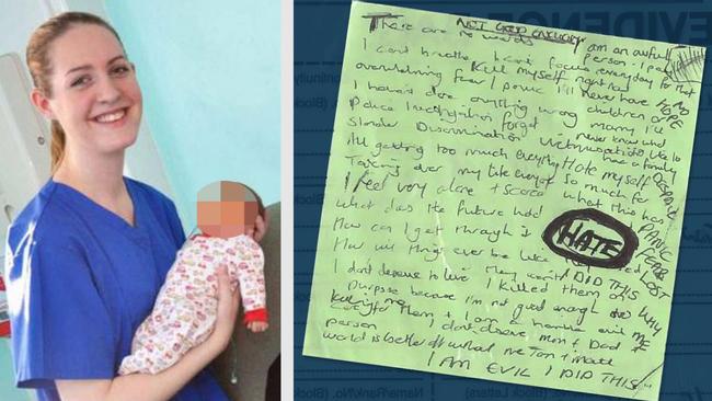 Lucy Letby with a young baby, and an example of one of the chilling Post-it Notes found in her house. Picture composite: The Times