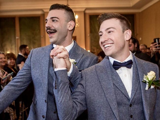 Australian diver Matthew Mitcham and partner Luke Rutherford at their wedding in Europe. Picture: Supplied