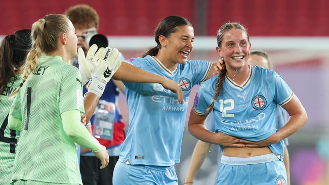 Shelby McMahon (right) of Melbourne City celebrates with teammate after scoring her goal during the AFC Women's Champions League semi-finals. Photo: Lintao Zhang/Getty Images